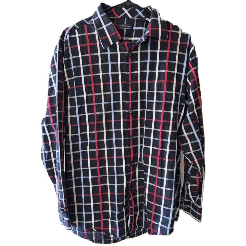❤️ 4/$20 Greg Norman button-up shirt Men's large Long sleeve Cotton Plaid Black